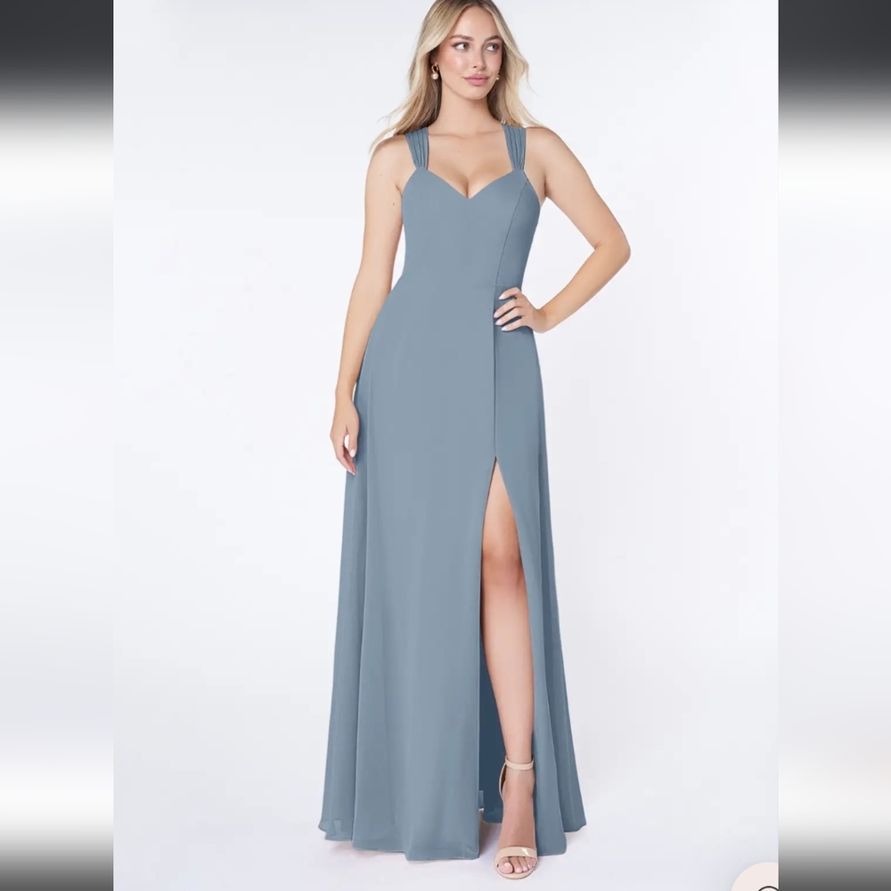 Azazie Maxi Dress in Dusty Blue with Thigh Slit